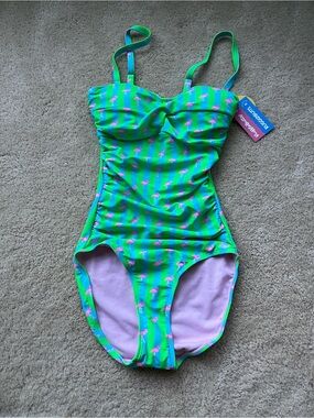 NWT Ruffle Butts Women’s Neon Flamingo One Piece Bandeau Swimsuit - XS - UPF 50+